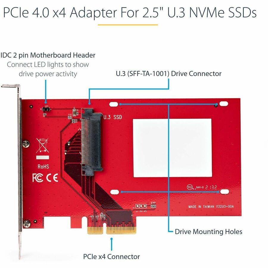 Alternate-Image2 Image for StarTech.com U.3 to PCIe Adapter Card, PCIe 4.0 x4 Adapter For 2.5" U.3 NVMe SSDs, SFF-TA-1001 PCI Express Add-in Card, TAA Compliant\n