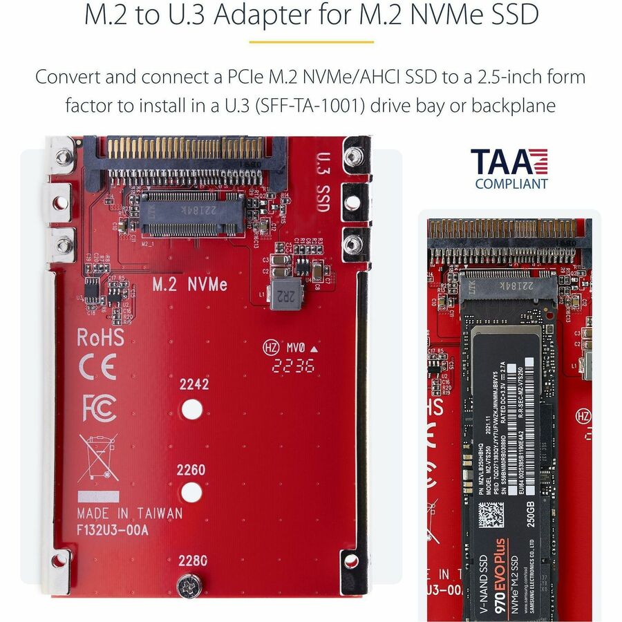 Alternate-Image1 Image for StarTech M.2 to U.3 Adapter, For M.2 NVMe SSDs, PCIe M.2 Drive to 2.5inch U.3 (SFF-TA-1001) Host Adapter/Converter, TAA Compliant