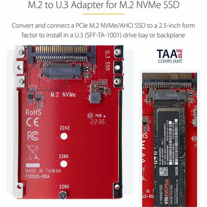 Alternate-Image1 Image for StarTech M.2 to U.3 Adapter, For M.2 NVMe SSDs, PCIe M.2 Drive to 2.5inch U.3 (SFF-TA-1001) Host Adapter/Converter, TAA Compliant