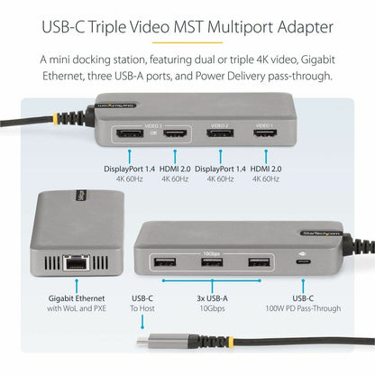 Alternate-Image2 Image for StarTech.com USB-C Triple-Monitor Multiport Adapter, HDMI & DisplayPort, 3x 10Gbps USB Hub, PD Pass-Through, GbE, Travel Docking Station