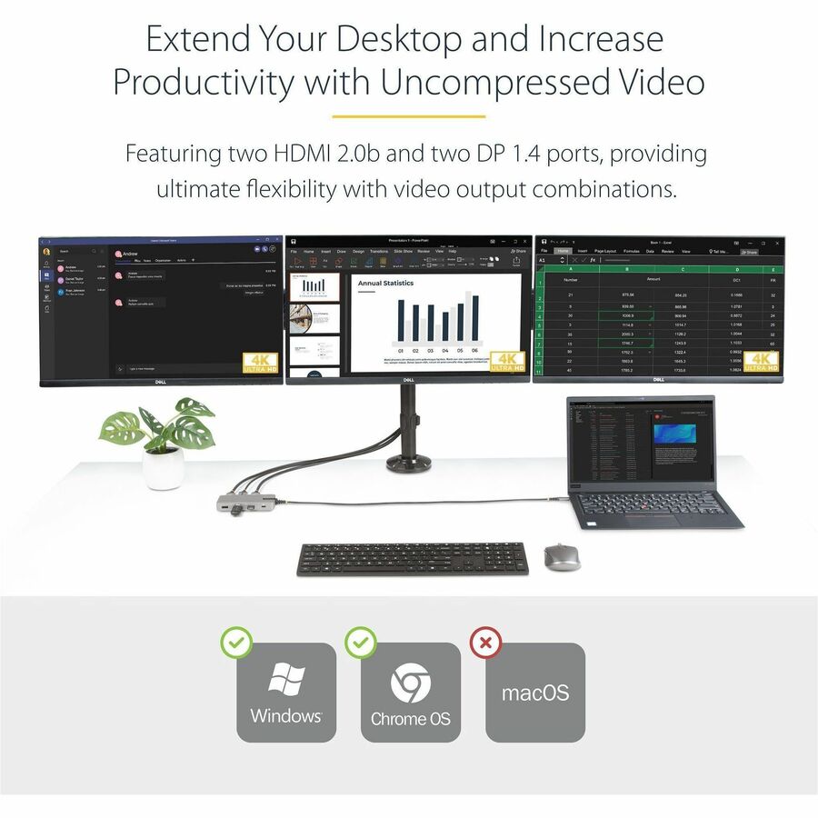 Alternate-Image1 Image for StarTech.com USB-C Triple-Monitor Multiport Adapter, HDMI & DisplayPort, 3x 10Gbps USB Hub, PD Pass-Through, GbE, Travel Docking Station