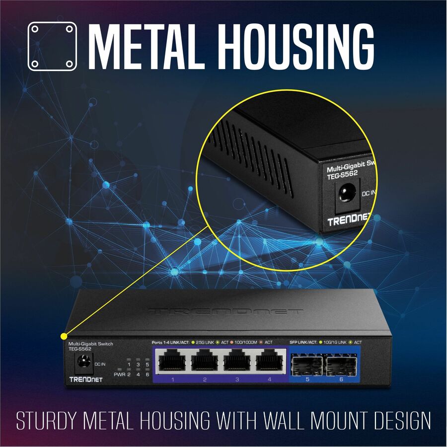 Alternate-Image9 Image for TRENDnet 6-Port Unmanaged Multi-Gig Switch, 4 x 2.5GBASE-T Ports, 2 x 10G SFP+ Ports Fanless, Compact Desktop Design, Metal Housing, Network Ethernet Switch, Lifetime Protection, Black, TEG-S562