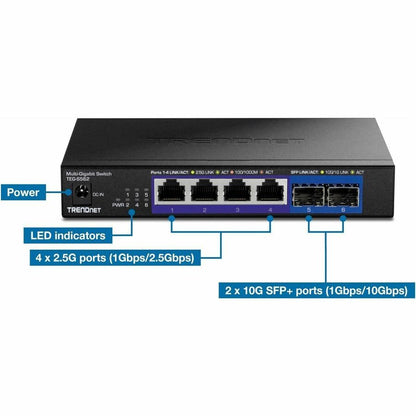 Alternate-Image5 Image for TRENDnet 6-Port Unmanaged Multi-Gig Switch, 4 x 2.5GBASE-T Ports, 2 x 10G SFP+ Ports Fanless, Compact Desktop Design, Metal Housing, Network Ethernet Switch, Lifetime Protection, Black, TEG-S562