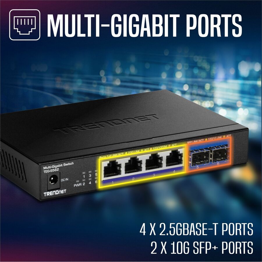 Alternate-Image10 Image for TRENDnet 6-Port Unmanaged Multi-Gig Switch, 4 x 2.5GBASE-T Ports, 2 x 10G SFP+ Ports Fanless, Compact Desktop Design, Metal Housing, Network Ethernet Switch, Lifetime Protection, Black, TEG-S562