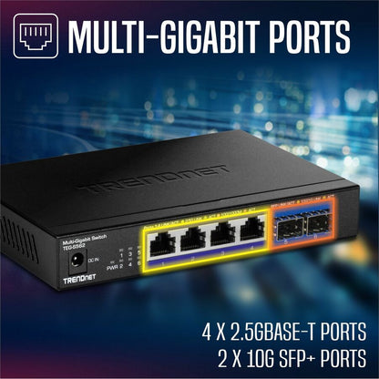 Alternate-Image10 Image for TRENDnet 6-Port Unmanaged Multi-Gig Switch, 4 x 2.5GBASE-T Ports, 2 x 10G SFP+ Ports Fanless, Compact Desktop Design, Metal Housing, Network Ethernet Switch, Lifetime Protection, Black, TEG-S562