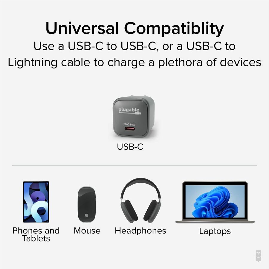 Alternate-Image1 Image for Plugable 30W USB-C GaN Charger - MagSafe-Compatible, Fast Charging for iPhone, iPad, Galaxy & USB-C Devices