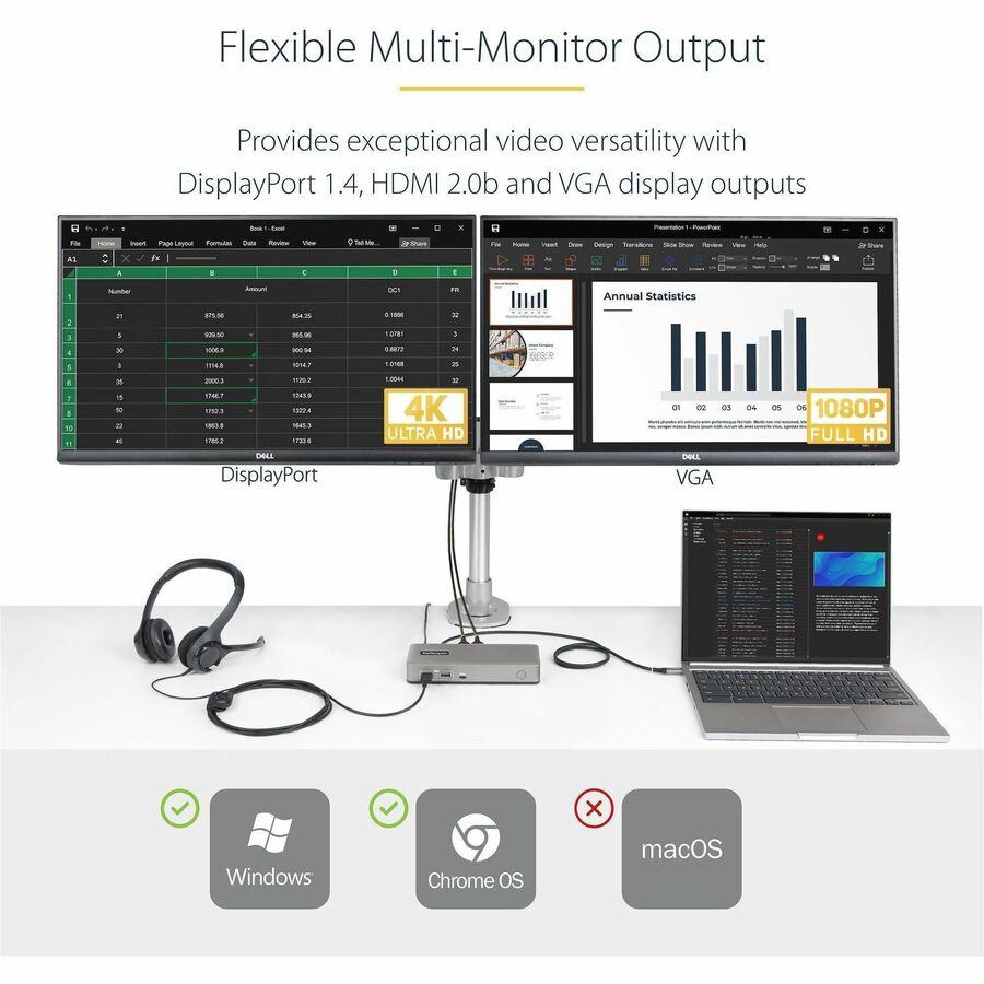 Alternate-Image4 Image for StarTech.com Dual-Monitor USB-C Docking Station, DisplayPort & HDMI/VGA Multi Monitor Dock up to 4K 60Hz, USB-C Dock, 7x USB Hub, 85W PD