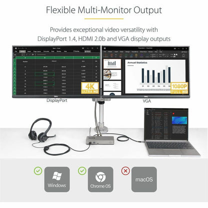 Alternate-Image4 Image for StarTech.com Dual-Monitor USB-C Docking Station, DisplayPort & HDMI/VGA Multi Monitor Dock up to 4K 60Hz, USB-C Dock, 7x USB Hub, 85W PD