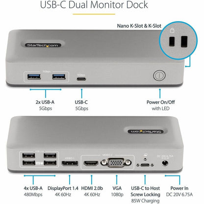 Alternate-Image3 Image for StarTech.com Dual-Monitor USB-C Docking Station, DisplayPort & HDMI/VGA Multi Monitor Dock up to 4K 60Hz, USB-C Dock, 7x USB Hub, 85W PD