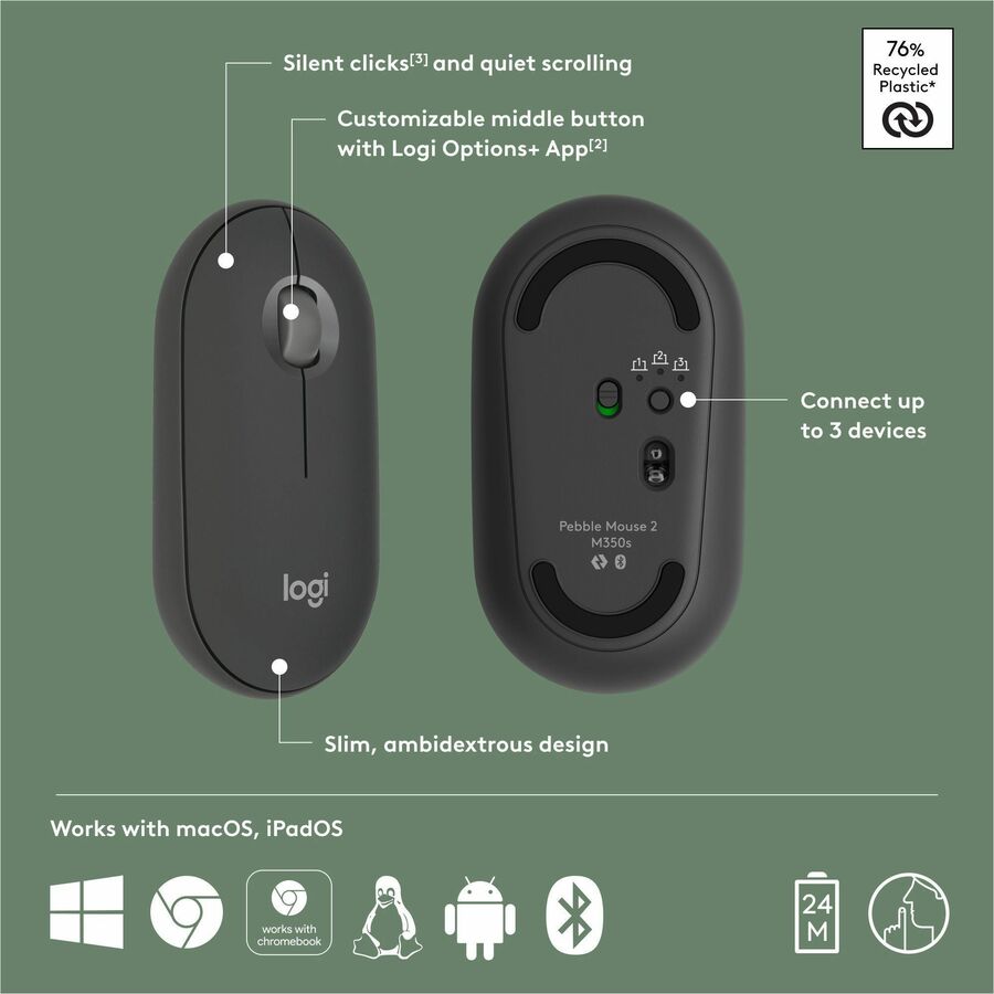 Alternate-Image5 Image for Logitech Pebble Mouse 2 M350s Slim Bluetooth Wireless Mouse, Portable, Customizable Button, Quiet Clicks - Tonal Graphite