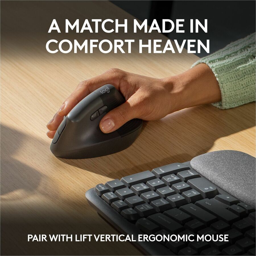 Alternate-Image7 Image for Logitech Wave Keys Wireless Ergonomic Keyboard with Cushioned Palm Rest, Comfortable Natural Typing, Graphite
