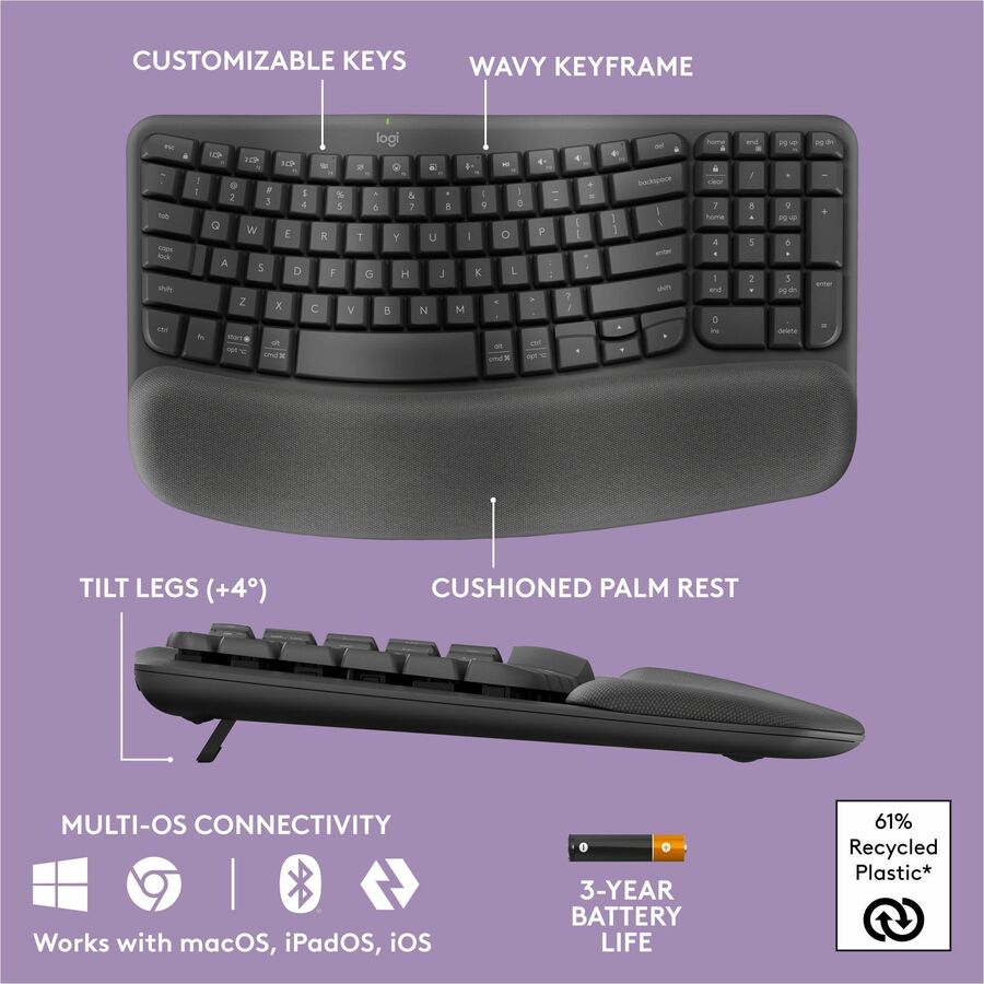 Alternate-Image5 Image for Logitech Wave Keys Wireless Ergonomic Keyboard with Cushioned Palm Rest, Comfortable Natural Typing, Graphite