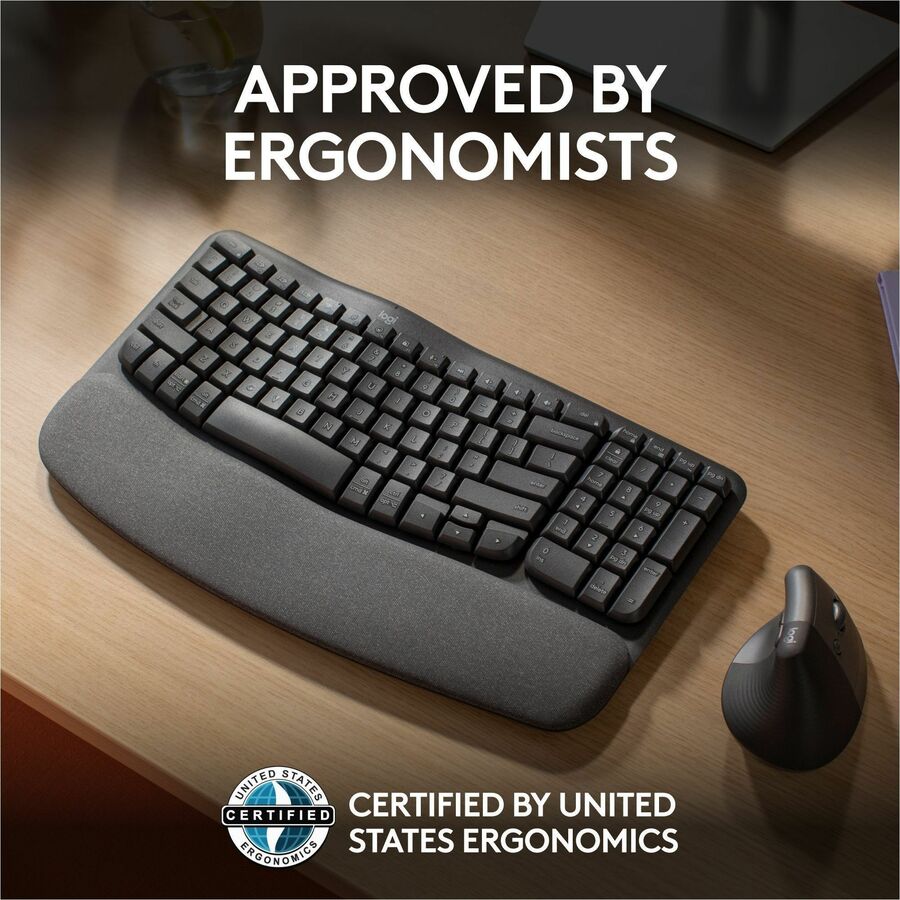 Alternate-Image4 Image for Logitech Wave Keys Wireless Ergonomic Keyboard with Cushioned Palm Rest, Comfortable Natural Typing, Graphite