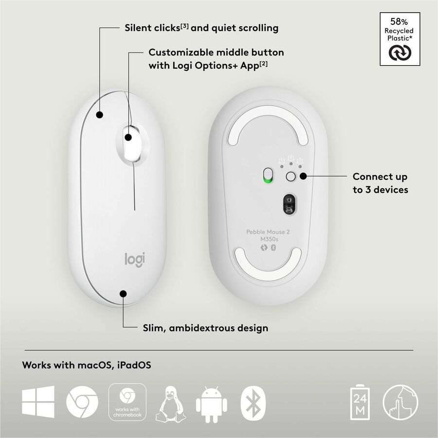 Alternate-Image5 Image for Logitech Pebble Mouse 2 M350s Slim Bluetooth Wireless Mouse, Portable, Customizable Button, Quiet Clicks, Tonal White