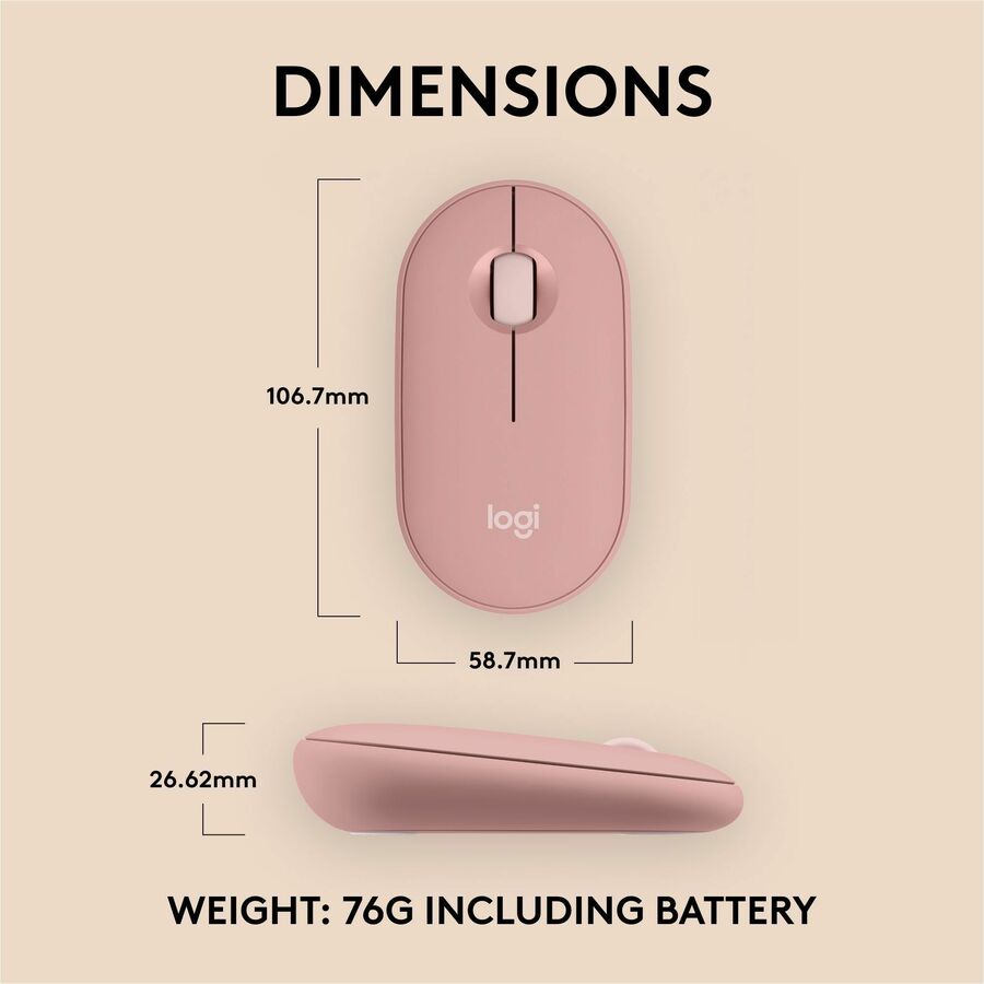 Alternate-Image7 Image for Logitech Pebble Mouse 2 M350s Slim Bluetooth Wireless Mouse, Portable, Customizable Button, Quiet Clicks, Tonal Rose