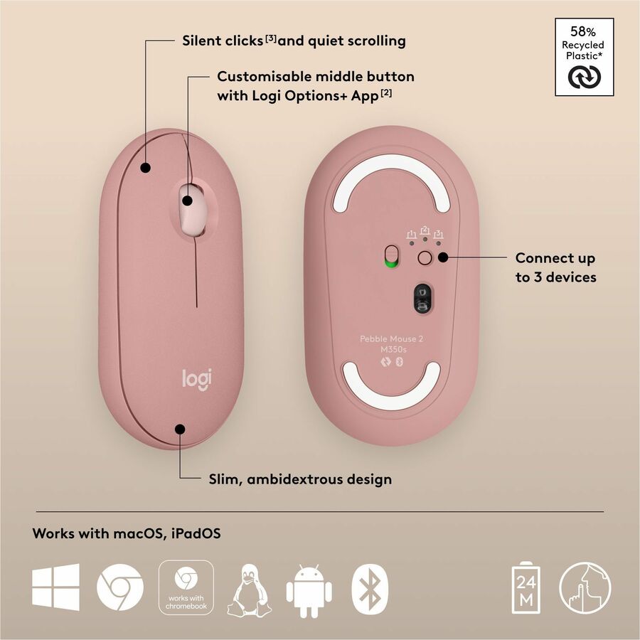 Alternate-Image5 Image for Logitech Pebble Mouse 2 M350s Slim Bluetooth Wireless Mouse, Portable, Customizable Button, Quiet Clicks, Tonal Rose