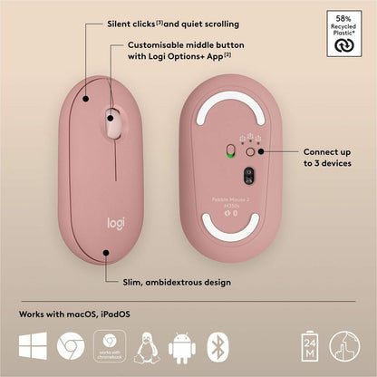 Alternate-Image5 Image for Logitech Pebble Mouse 2 M350s Slim Bluetooth Wireless Mouse, Portable, Customizable Button, Quiet Clicks, Tonal Rose