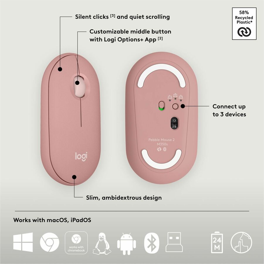 Alternate-Image6 Image for Logitech Pebble 2 Combo, Wireless Keyboard and Mouse, Quiet and Portable, Customizable, Logi Bolt, Tonal Rose