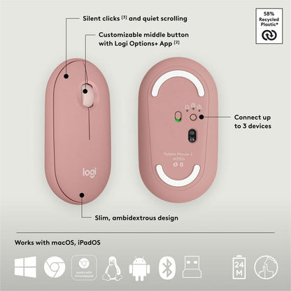 Alternate-Image6 Image for Logitech Pebble 2 Combo, Wireless Keyboard and Mouse, Quiet and Portable, Customizable, Logi Bolt, Tonal Rose