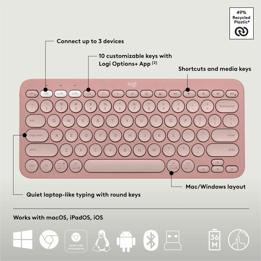 Alternate-Image5 Image for Logitech Pebble 2 Combo, Wireless Keyboard and Mouse, Quiet and Portable, Customizable, Logi Bolt, Tonal Rose
