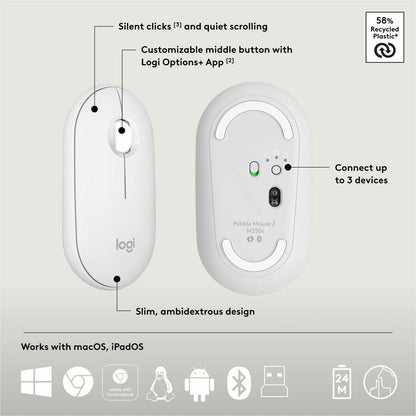 Alternate-Image6 Image for Logitech Pebble 2 Combo, Wireless Keyboard and Mouse, Quiet and Portable, Customizable, Logi Bolt, Bluetooth, Tonal White