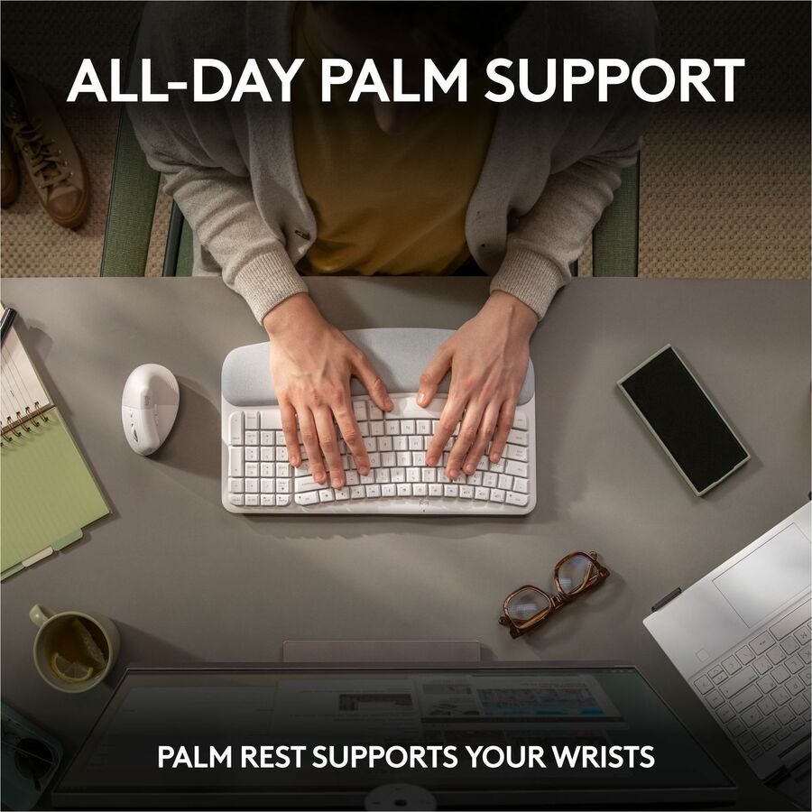 Alternate-Image3 Image for Logitech Wave Keys Wireless Ergonomic Keyboard with Cushioned Palm Rest, Comfortable Natural Typing, Easy-Switch, Off White