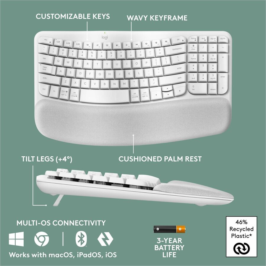Alternate-Image5 Image for Logitech Wave Keys Wireless Ergonomic Keyboard with Cushioned Palm Rest, Comfortable Natural Typing, Easy-Switch, Off White