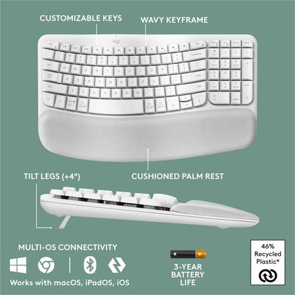 Alternate-Image5 Image for Logitech Wave Keys Wireless Ergonomic Keyboard with Cushioned Palm Rest, Comfortable Natural Typing, Easy-Switch, Off White