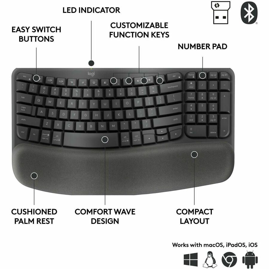 Alternate-Image2 Image for Logitech Wave Keys for Business, Wireless Ergonomic Keyboard with Cushioned Palm Rest, Logi Bolt, Graphite