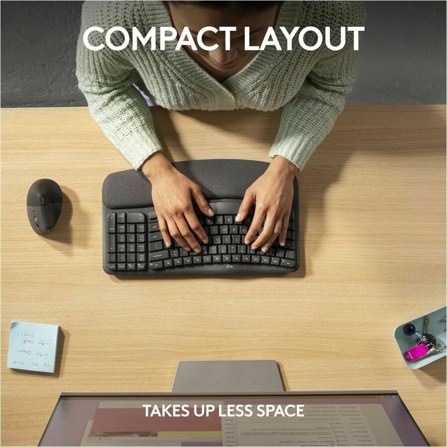 Alternate-Image1 Image for Logitech Wave Keys for Business, Wireless Ergonomic Keyboard with Cushioned Palm Rest, Logi Bolt, Graphite