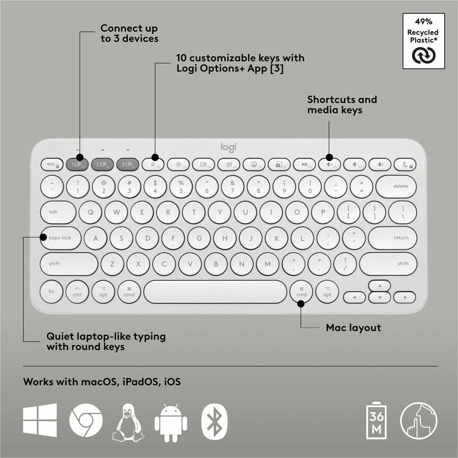 Alternate-Image5 Image for Logitech Pebble 2 Combo for Mac, Wireless Keyboard and Mouse, Slim, Quiet and Portable, Tonal White
