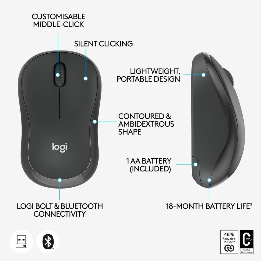 Alternate-Image4 Image for Logitech M240 for Business Silent Wireless Mouse, Secure Logi Bolt USB Receiver, Graphite
