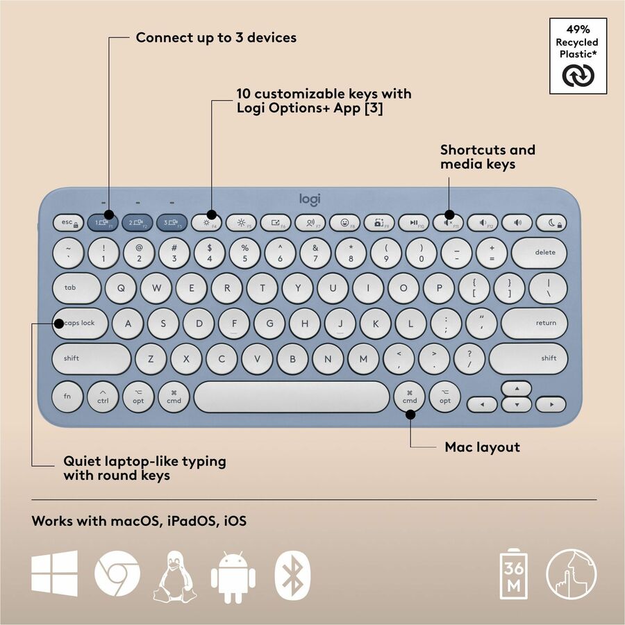 Alternate-Image5 Image for Logitech Pebble 2 Combo for Mac, Wireless Keyboard and Mouse, Slim, Quiet and Portable, Bluetooth, Tonal Blue