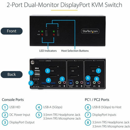 Alternate-Image2 Image for StarTech.com 2-Port Dual-Monitor DisplayPort KVM Switch, 4K 60Hz, 2x USB 5Gbps Ports, Hotkey/Push-Button Switching, TAA Compliant