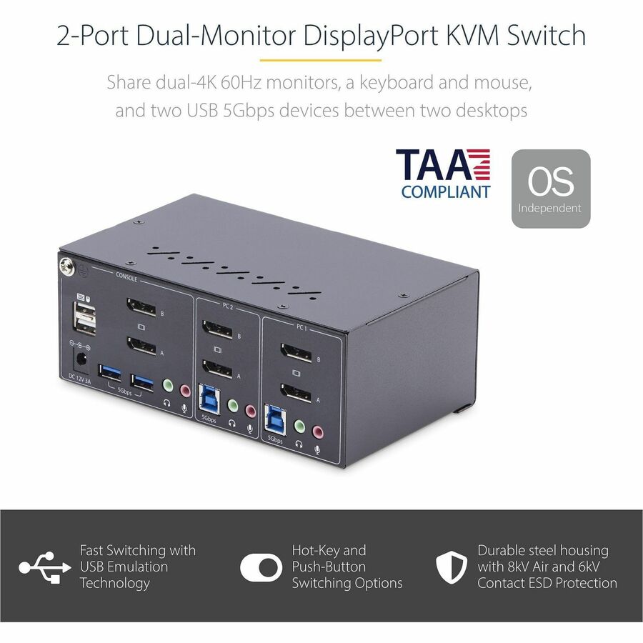 Alternate-Image1 Image for StarTech.com 2-Port Dual-Monitor DisplayPort KVM Switch, 4K 60Hz, 2x USB 5Gbps Ports, Hotkey/Push-Button Switching, TAA Compliant