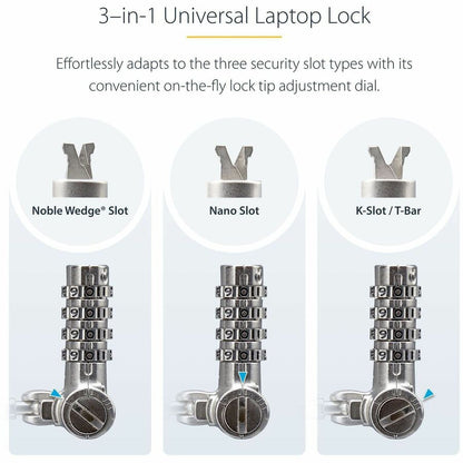 Alternate-Image1 Image for StarTech Universal Laptop Lock 6.6ft, Keyless Combo. Security Locking Cable For Notebook, Noble Wedge&reg;/Nano/K-Slot Compatible, TAA