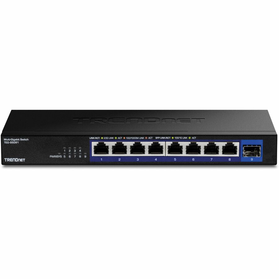 Alternate-Image1 Image for TRENDnet 9-Port Unmanaged 2.5G Switch with 10G SFP+ Port, TEG-S5091, 8 x 2.5GBASE-T Ports, 60Gbps, Wall Mountable, Ethernet Splitter, NDAA & TAA Compliant, Lifetime Protection, Black