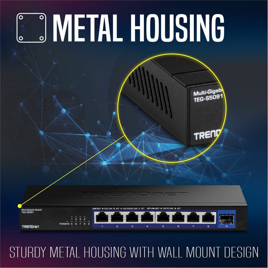 Alternate-Image9 Image for TRENDnet 9-Port Unmanaged 2.5G Switch with 10G SFP+ Port, TEG-S5091, 8 x 2.5GBASE-T Ports, 60Gbps, Wall Mountable, Ethernet Splitter, NDAA & TAA Compliant, Lifetime Protection, Black