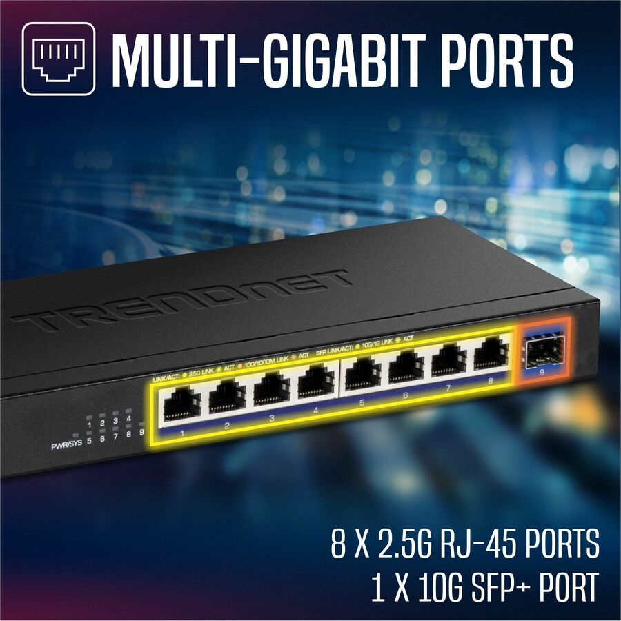 Alternate-Image10 Image for TRENDnet 9-Port Unmanaged 2.5G Switch with 10G SFP+ Port, TEG-S5091, 8 x 2.5GBASE-T Ports, 60Gbps, Wall Mountable, Ethernet Splitter, NDAA & TAA Compliant, Lifetime Protection, Black