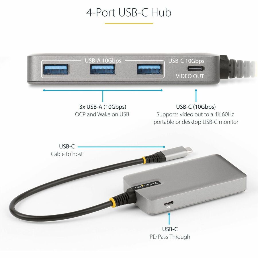 Alternate-Image2 Image for StarTech 4-Port USB-C Hub with USB-C DP Alt Mode Video Output, 3x USB-A, 1x USB-C, 100W Power Delivery Pass-Through, USB 3.2 10Gbps