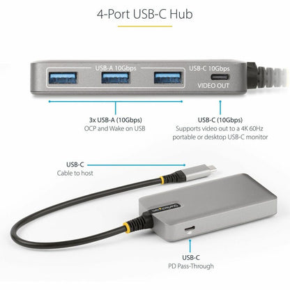 Alternate-Image2 Image for StarTech 4-Port USB-C Hub with USB-C DP Alt Mode Video Output, 3x USB-A, 1x USB-C, 100W Power Delivery Pass-Through, USB 3.2 10Gbps
