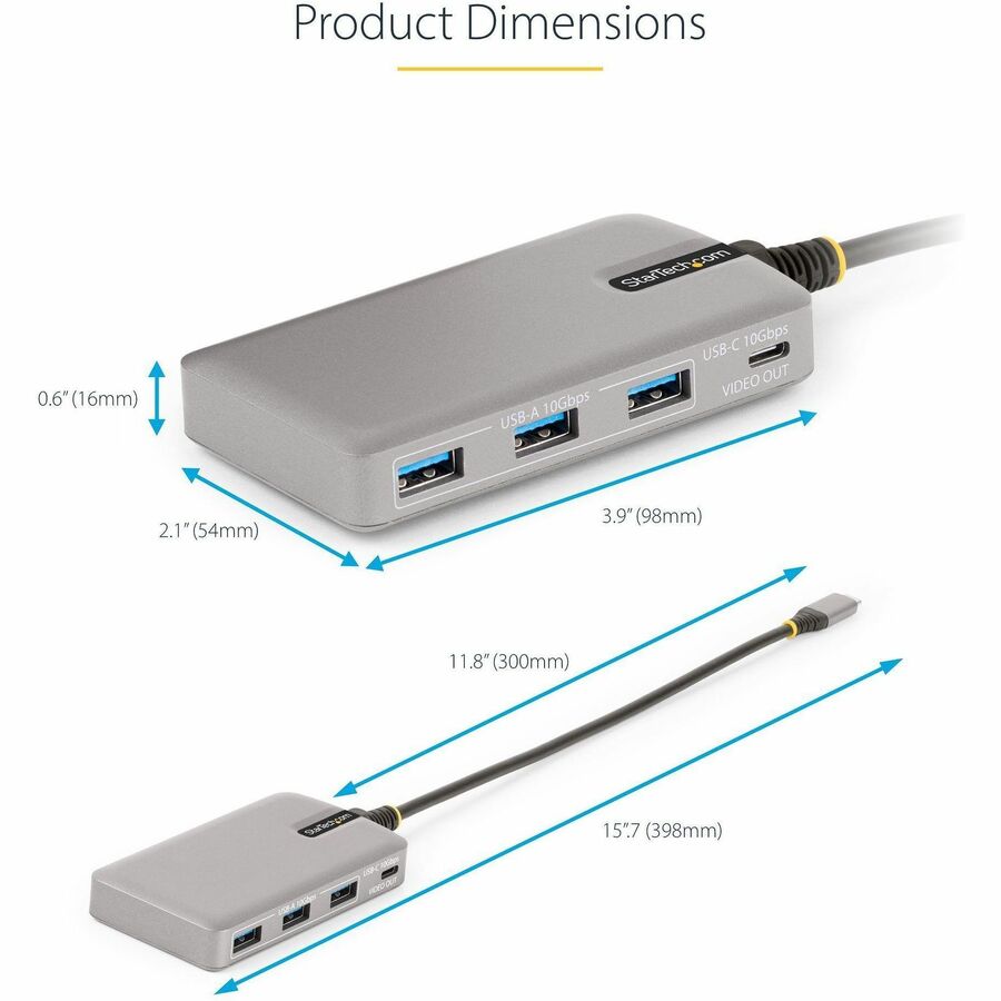 Alternate-Image3 Image for StarTech 4-Port USB-C Hub with USB-C DP Alt Mode Video Output, 3x USB-A, 1x USB-C, 100W Power Delivery Pass-Through, USB 3.2 10Gbps