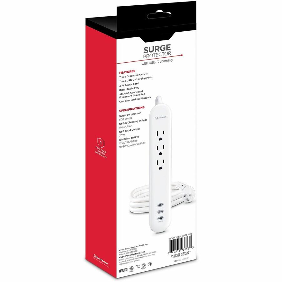 Alternate-Image8 Image for CyberPower P304UC3 Home and Office 3 - Outlet Surge Protector with 500 J Surge Suppression