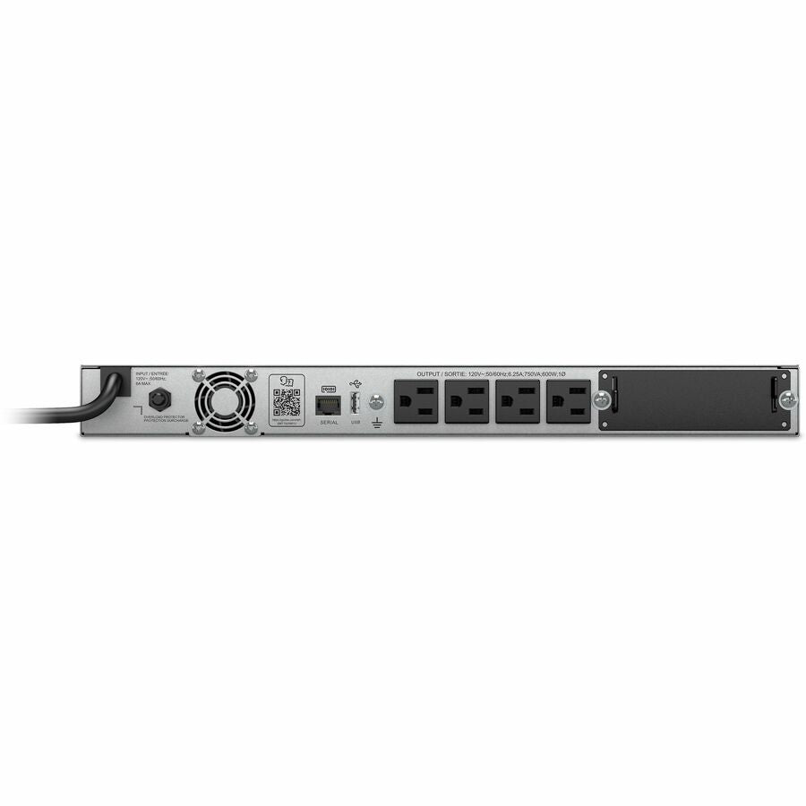 Rear Image for APC Smart-UPS, Line Interactive, 750 VA, LCD, Rackmount 1U, 120V, 4x NEMA 5-15R outlet, USB, AVR, Short Depth