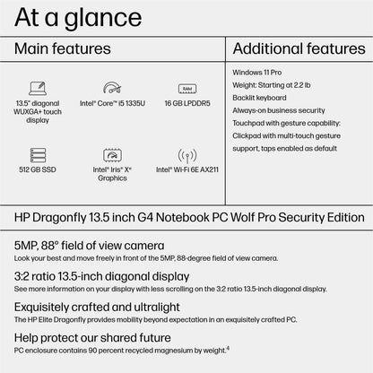 Alternate-Image5 Image for HP Dragonfly G4 13.5" Touchscreen Notebook - WUXGA+ - Intel Core i5 13th Gen i5-1335U - Intel Evo Platform - 16 GB - 512 GB SSD - English Keyboard - Slate Blue - Smart Buy Plus