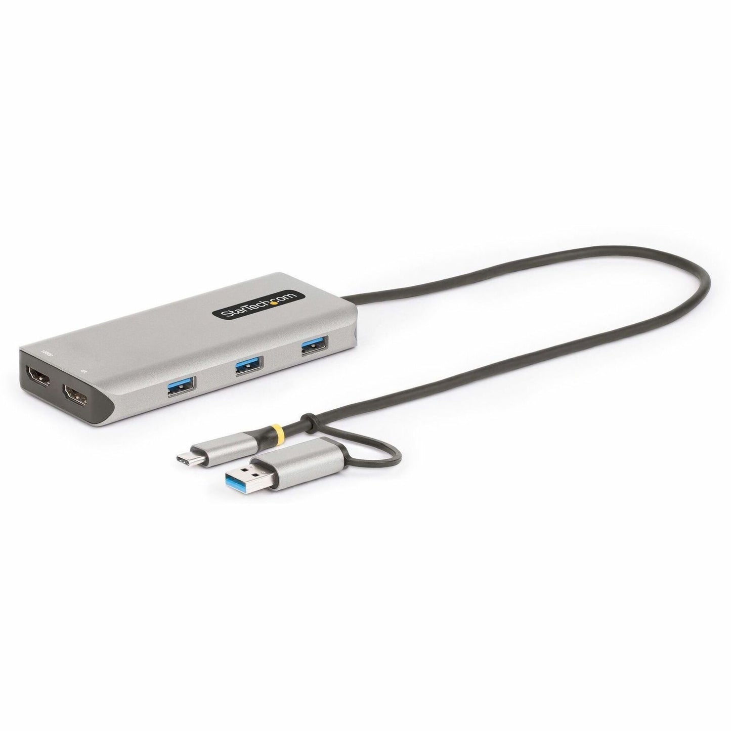 Main Image for StarTech.com USB-C Multiport Adapter w/Attached USB-C to USB-A Dongle, Dual HDMI 4K/1080, 3x USB, Mini Laptop Docking Station, Travel Dock