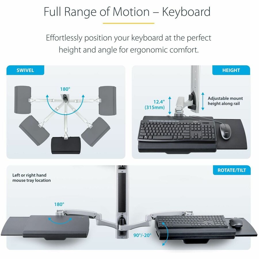 Alternate-Image5 Image for StarTech.com Wall Mount Workstation, VESA Mount 22lb/10kg, Fully Articulating Monitor Mount & Keyboard Tray, Standing Desk w/PC Bracket