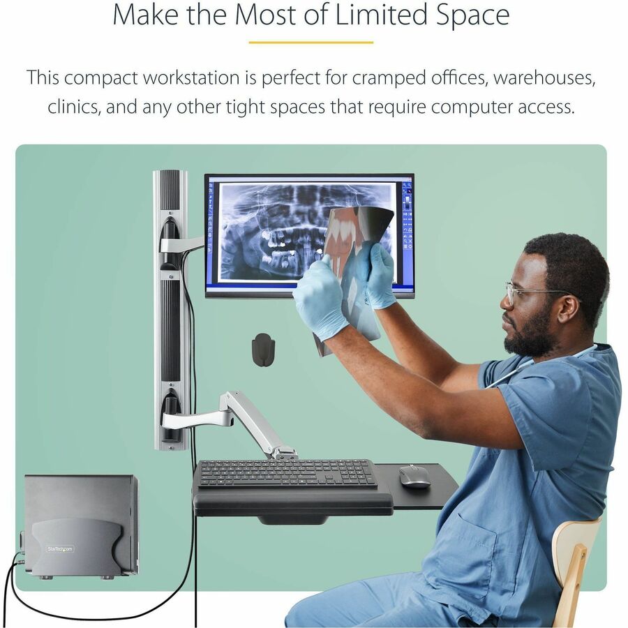 Alternate-Image2 Image for StarTech.com Wall Mount Workstation, VESA Mount 22lb/10kg, Fully Articulating Monitor Mount & Keyboard Tray, Standing Desk w/PC Bracket