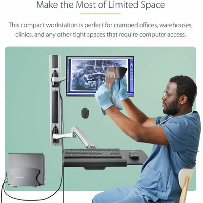 Alternate-Image2 Image for StarTech.com Wall Mount Workstation, VESA Mount 22lb/10kg, Fully Articulating Monitor Mount & Keyboard Tray, Standing Desk w/PC Bracket