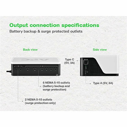 Alternate-Image1 Image for APC Back-UPS, 1050VA/600W, Floor/Wall Mount, 120V, 8x NEMA 5-15R outlets, USB Type A + C Ports